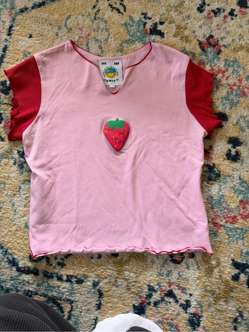 UNIF Pink Tee with Red Sleeves & Strawberry Patch